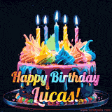 A vibrant animated GIF featuring a colorful rotating birthday cake with bright frosting swirls, glowing candles, and the text 'Happy Birthday Lucas!' in rainbow colors.
