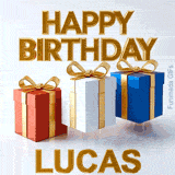 Happy Birthday Lucas written in bold 3D golden text with three colorful gift boxes in red, white, and blue bouncing up and down