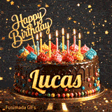 Flickering candles on top of a decorated chocolate cake with multicolored frosting swirls for Lucas's birthday celebration.