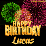 A captivating GIF with bursts of green, pink, and orange fireworks lighting up the night sky, accompanied by 'Happy Birthday Lucas' in glowing golden text.