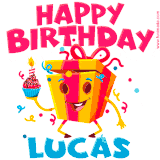 A funny animated birthday GIF with the words 'Happy Birthday Lucasa', colorful gift box with arms and legs, holding a cupcake with a lit candle  with confetti everywhere.