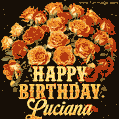Beautiful bouquet of orange and red roses for Luciana, golden inscription and twinkling stars