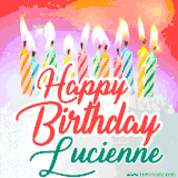 Bright birthday candles with rainbow flames on a cake, alongside the text 'Happy Birthday Lucienne' in vibrant script in this celebratory animated GIF.