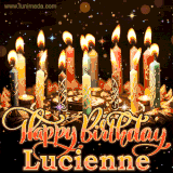 A glowing personalized birthday GIF with name Lucienne featuring lit candles with intricate designs, warm lighting, and the text 'Happy Birthday' in an elegant font.
