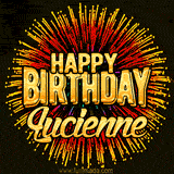 Golden 'Happy Birthday Lucienne' text accompanied by animated rainbow fireworks for a festive animated greeting.
