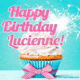 A festive cupcake with pink icing, a gingham bow, and a lit animated sparkler, paired with 'Happy Birthday Lucienne!' in bright pink text.