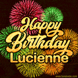 Golden text reading 'Happy Birthday Lucienne' surrounded by vibrant fireworks in red, green, and yellow, set against a dark background in this celebratory birthday GIF.