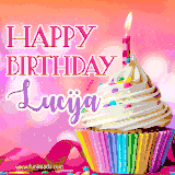 A vibrant birthday GIF featuring a rainbow-colored cupcake topped with white frosting, sprinkles, and a lit candle. The text reads 'Happy Birthday Lucija' in bold pink and violet letters with white outline.