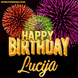 A golden 'Happy Birthday Lucija' message with vibrant fireworks in the background, creating a festive and celebratory vibe in this animated name GIF.