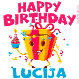 A vibrant and funny gift box character with a happy face dancing with a cupcake and the text 'Happy Birthday Lucija,' surrounded by animated confetti and party vibes.