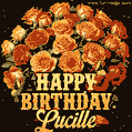 Beautiful bouquet of orange and red roses for Lucille, golden inscription and twinkling stars