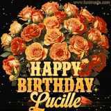 Animated bouquet of orange roses with moving butterfles and golden 'Happy Birthday Lucille' text, surrounded by sparkling accents and a dark backdrop for a luxurious feel.