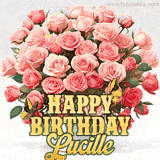 Golden 'Happy Birthday Lucille' text beneath a vibrant bouquet of orange roses, complete with glittering butterflies and sparkling details.