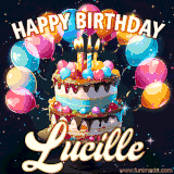 Bright birthday animation for Lucille with a chocolate cake, candles, balloons, and glowing celebratory lights.