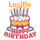 Cartoon birthday cake with a red bow, glowing candles, and 'Lucille Happy Birthday' text in bold animated style.