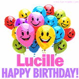 Animated colorful and joyful birthday balloons with cheerful smiles and a bright 'Happy Birthday Lucille!' message in pink and purple.