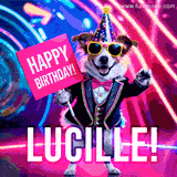 Animated GIF of a cool dog wearing a suit and sunglasses, holding a 'Happy Birthday' sign for Lucille, set against a bright and colorful neon party background.