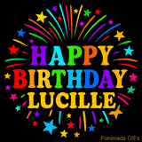 Personalized greeting card with name, colorful text that says 'Happy Birthday Lucille' surrounded by animated fireworks and multicolor stars