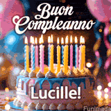 Birthday cake topped with pink and yellow lit candles, surrounded by glowing bokeh lights and party balloons. The greeting 'Buon Compleanno Lucille GIF!' is displayed.