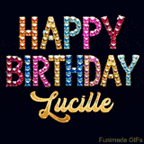 Vibrant luxury birthday greeting card for Lucille, showing glittering gemstone letters and golden calligraphy on a dark background with twinkling shine effects.