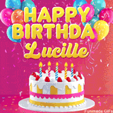 Pink-themed animated greeting with balloons, confetti, and a frosted cake under the message 'Happy Birthday Lucille' in bold rounded yellow font.