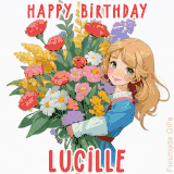 Bright floral birthday animation for Lucille showing a cute cartoon girl with golden hair and expressive eyes holding a huge bouquet, surrounded by birthday text.