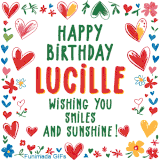 A colorful animated card for Lucille’s birthday featuring playful hearts, cheerful flowers, and a handwritten message wishing smiles and sunshine.