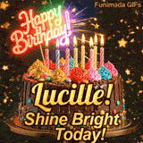 Shimmering animated card featuring a detailed chocolate cake and the name Lucille for her birthday celebration.