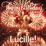 Shimmering animated card featuring spectacular golden fireworks and the name Lucille for her birthday celebration.