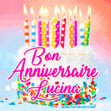 A white birthday cake covered in colorful sprinkles, topped with bright candles, and French text 'Bon Anniversaire Lucina' on a pastel gradient background in an animated GIF.