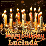 A glowing personalized birthday GIF with name Lucinda featuring lit candles with intricate designs, warm lighting, and the text 'Happy Birthday' in an elegant font.