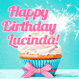 A festive cupcake with pink icing, a gingham bow, and a lit animated sparkler, paired with 'Happy Birthday Lucinda!' in bright pink text.