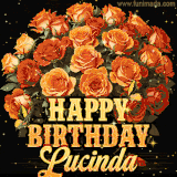Animated bouquet of orange roses with moving butterfles and golden 'Happy Birthday Lucinda' text, surrounded by sparkling accents and a dark backdrop for a luxurious feel.