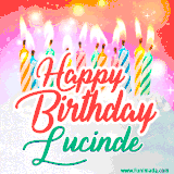 Bright birthday candles with rainbow flames on a cake, alongside the text 'Happy Birthday Lucinde' in vibrant script in this celebratory animated GIF.