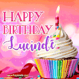 A vibrant birthday GIF featuring a rainbow-colored cupcake topped with white frosting, sprinkles, and a lit candle. The text reads 'Happy Birthday Lucinde' in bold pink and violet letters with white outline.