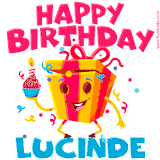 A vibrant and funny gift box character with a happy face dancing with a cupcake and the text 'Happy Birthday Lucinde,' surrounded by animated confetti and party vibes.
