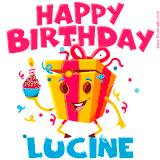 A vibrant and funny gift box character with a happy face dancing with a cupcake and the text 'Happy Birthday Lucine,' surrounded by animated confetti and party vibes.