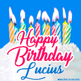 A cheerful animated GIF featuring colorful lit birthday candles on a white cake, with the text 'Happy Birthday Lucius' in bold red and blue script on a bright blue background.
