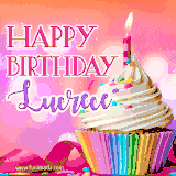 A vibrant birthday GIF featuring a rainbow-colored cupcake topped with white frosting, sprinkles, and a lit candle. The text reads 'Happy Birthday Lucrece' in bold pink and violet letters with white outline.