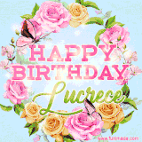 A charming animated GIF featuring 'Happy Birthday Lucrece' in pink and green text, surrounded by delicate roses, leaves, and fluttering butterflies on a soft light blue pastel background.