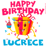 A vibrant and funny gift box character with a happy face dancing with a cupcake and the text 'Happy Birthday Lucrece,' surrounded by animated confetti and party vibes.