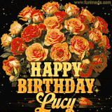 Animated bouquet of orange roses with moving butterfles and golden 'Happy Birthday Lucy' text, surrounded by sparkling accents and a dark backdrop for a luxurious feel.