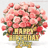 Golden 'Happy Birthday Lucy' text beneath a vibrant bouquet of orange roses, complete with glittering butterflies and sparkling details.