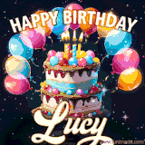Bright birthday animation for Lucy with a chocolate cake, candles, balloons, and glowing celebratory lights.