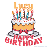 Cartoon birthday cake with a red bow, glowing candles, and 'Lucy Happy Birthday' text in bold animated style.