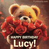 Cinematic style cute animated teddy bear with charming features holding a large bouquet of red roses, the words say 'Happy Birthday Lucy' in sans serif font.