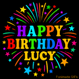Personalized greeting card with name, colorful text that says 'Happy Birthday Lucy' surrounded by animated fireworks and multicolor stars