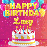 Pink-themed animated greeting with balloons, confetti, and a frosted cake under the message 'Happy Birthday Lucy' in bold rounded yellow font.