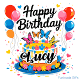 An animated birthday card for Lucy. It features a festive cake with her name, 'Lucy', and colorful butterflies. Floating balloons and hearts complete the joyful scene.