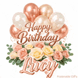 Elegant animated Happy Birthday Lucy image featuring soft pink roses and balloons
